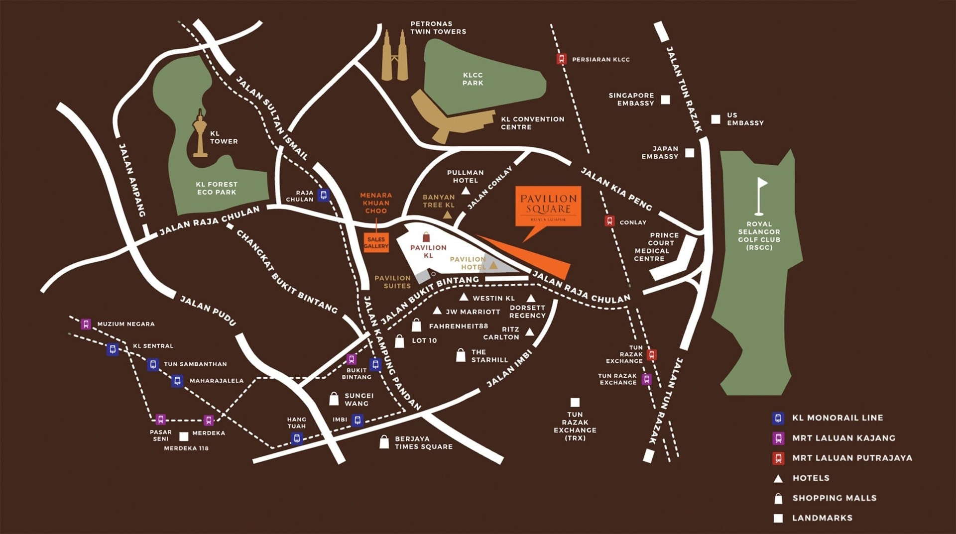 Map showing Pavilion Square in Bukit Bintang with nearby landmarks and rail lines